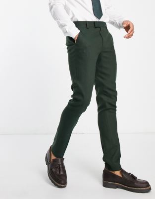Asos Design Wedding Skinny Wool Mix Pants In Dark Green Basketweave Texture In Green