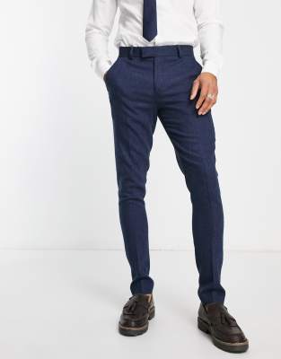 ASOS DESIGN WEDDING SKINNY WOOL MIX PANTS IN INDIGO BASKETWEAVE TEXTURE-NAVY