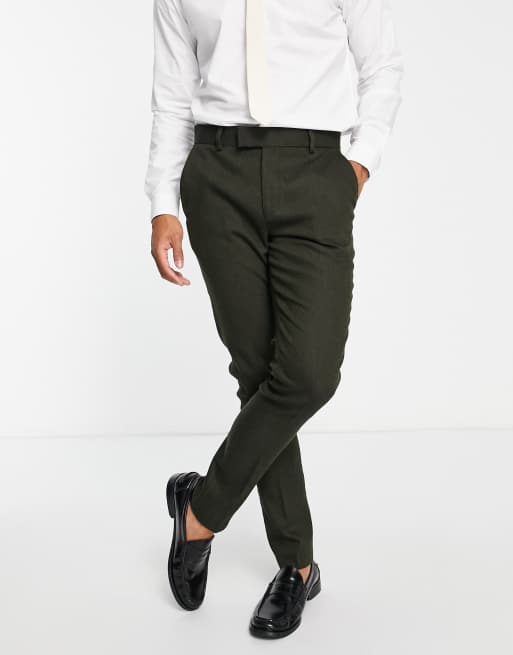 ASOS DESIGN wedding skinny wool mix pants in olive basketweave texture