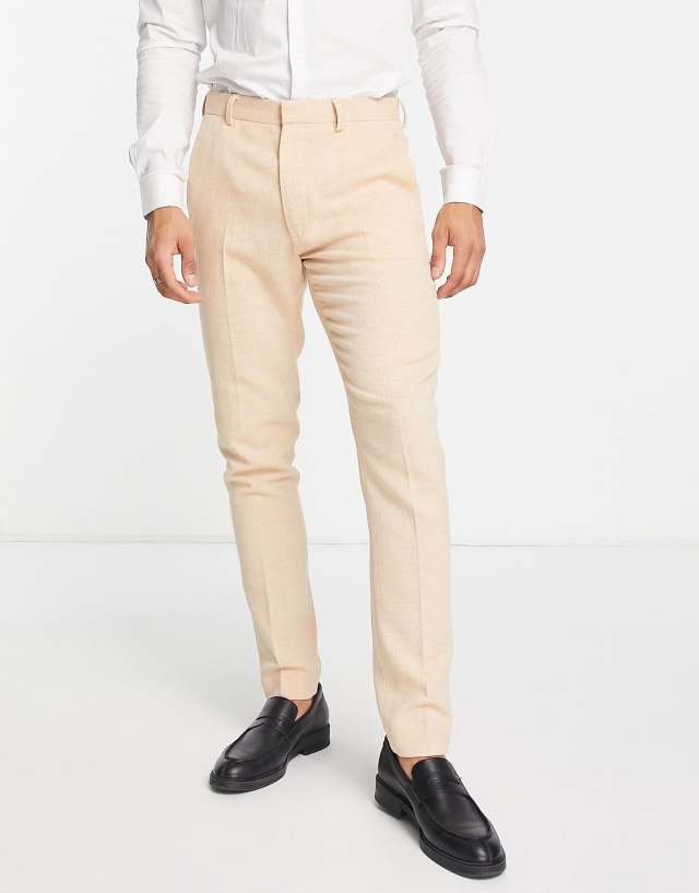 ASOS DESIGN wedding skinny wool mix pants in pink basketweave texture