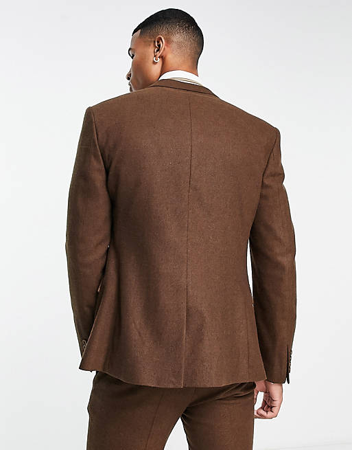 ASOS DESIGN wedding skinny wool mix suit jacket in brown basketweave texture