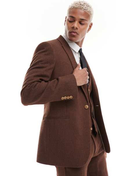ASOS DESIGN wedding skinny wool mix suit jacket in brown basketweave texture - view 1
