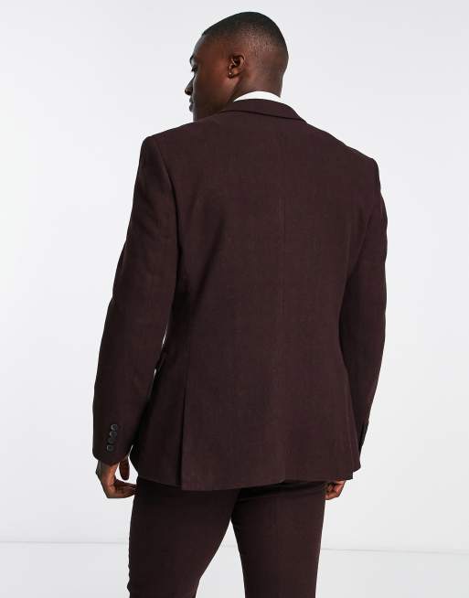 ASOS DESIGN wedding skinny wool mix suit jacket in burgundy herringbone