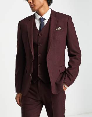 ASOS DESIGN wedding skinny wool mix suit jacket in burgundy herringbone-Red