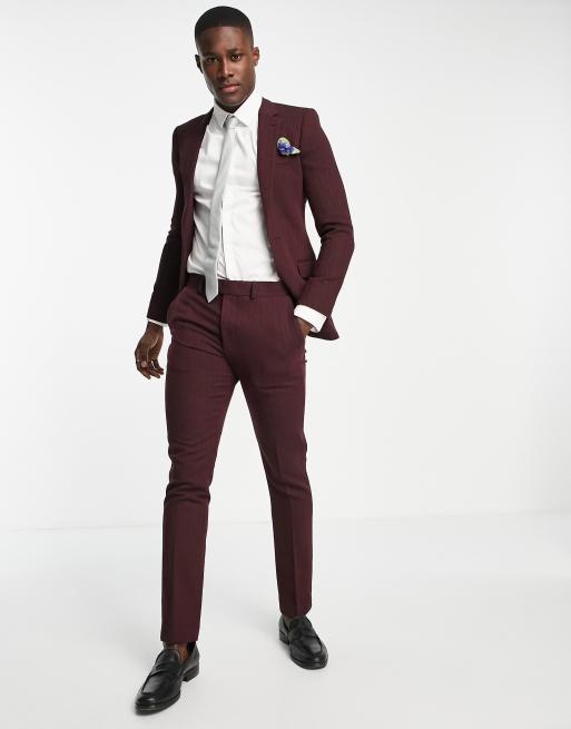 ASOS DESIGN wedding skinny wool mix suit jacket in burgundy herringbone