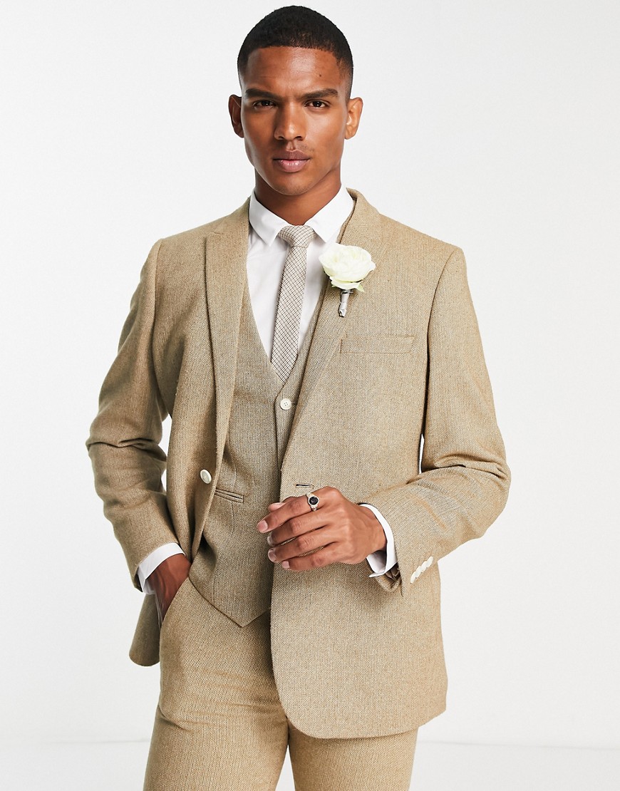 ASOS DESIGN wedding skinny wool mix suit jacket in camel basketweave texture-Neutral