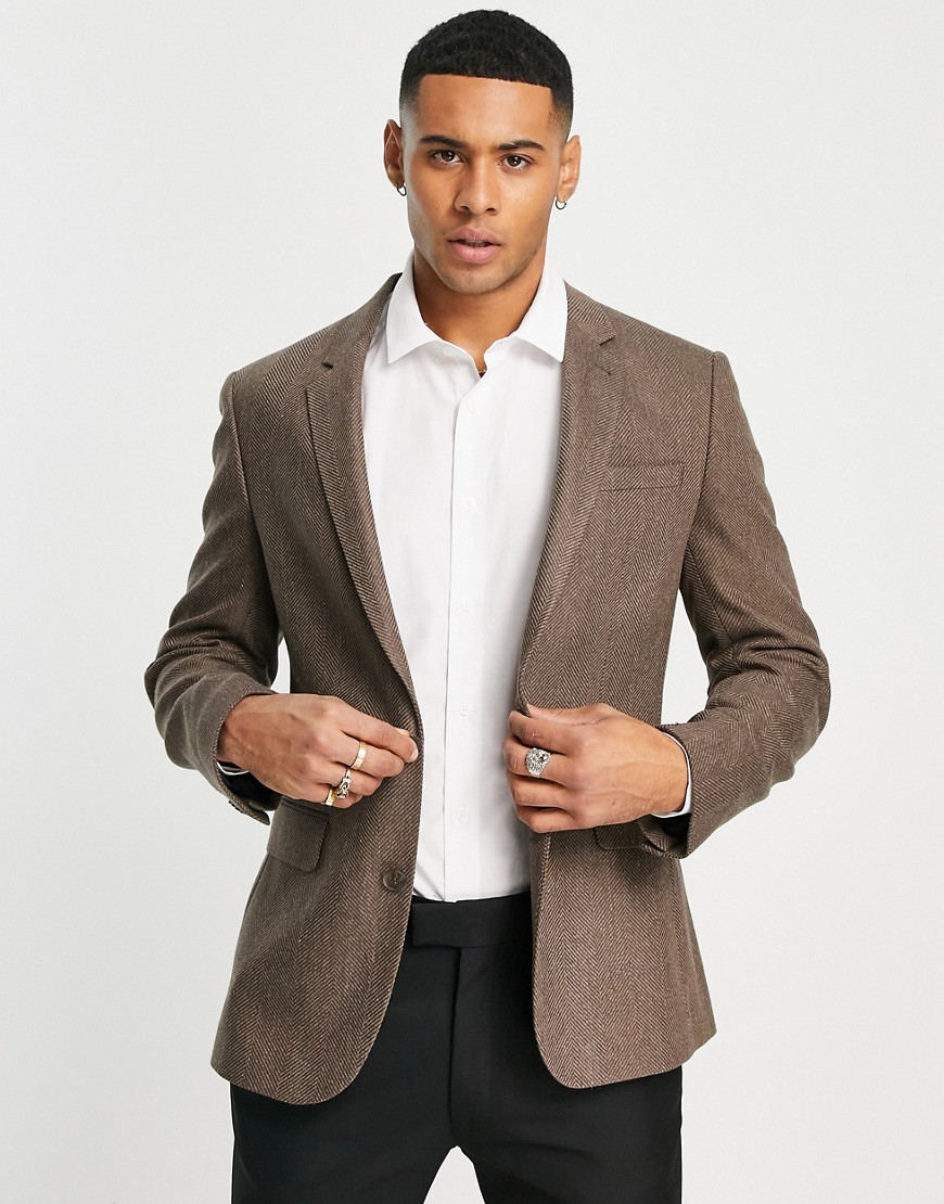 ASOS DESIGN wedding skinny wool mix suit jacket in camel herringbone-Neutral