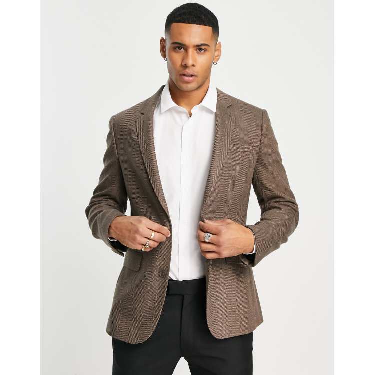 ASOS DESIGN skinny wool mix suit jacket in charcoal herringbone