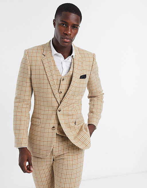 ASOS DESIGN wedding skinny wool mix suit jacket in camel houndstooth check