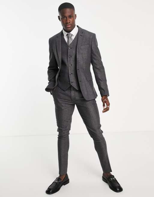 ASOS DESIGN wedding skinny wool mix suit jacket in charcoal herringbone |  ASOS