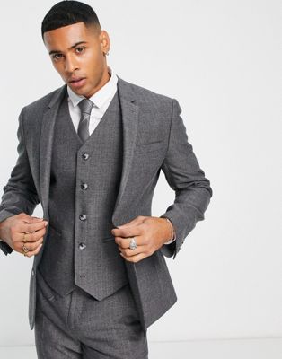 Asos Design Wedding Skinny Wool Mix Suit Jacket In Charcoal Herringbone-grey In Gray