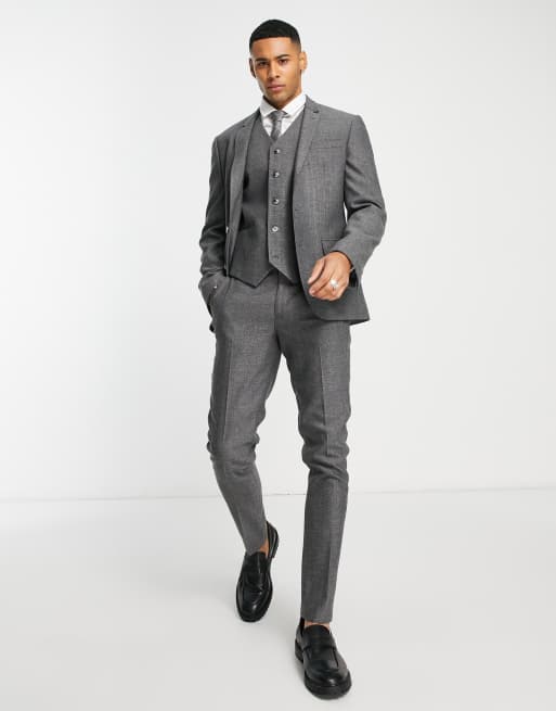 ASOS DESIGN wedding skinny wool mix suit jacket in charcoal herringbone |  ASOS