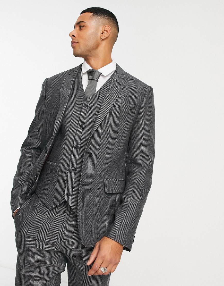 ASOS DESIGN wedding skinny wool mix suit jacket in charcoal herringbone-Grey