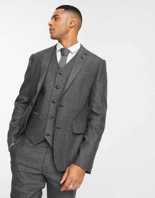 Suits, Tailored Fit Grey Mini Herringbone Suit Jacket