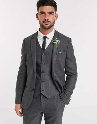 Asos Design Wedding Skinny Wool Mix Suit Jacket In Charcoal Herringbone-grey In Gray