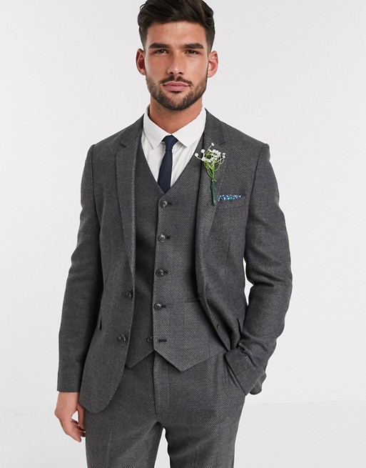 ASOS DESIGN wedding skinny wool mix suit jacket in charcoal herringbone
