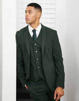 ASOS DESIGN wedding skinny wool mix suit jacket in dark green basketweave texture
