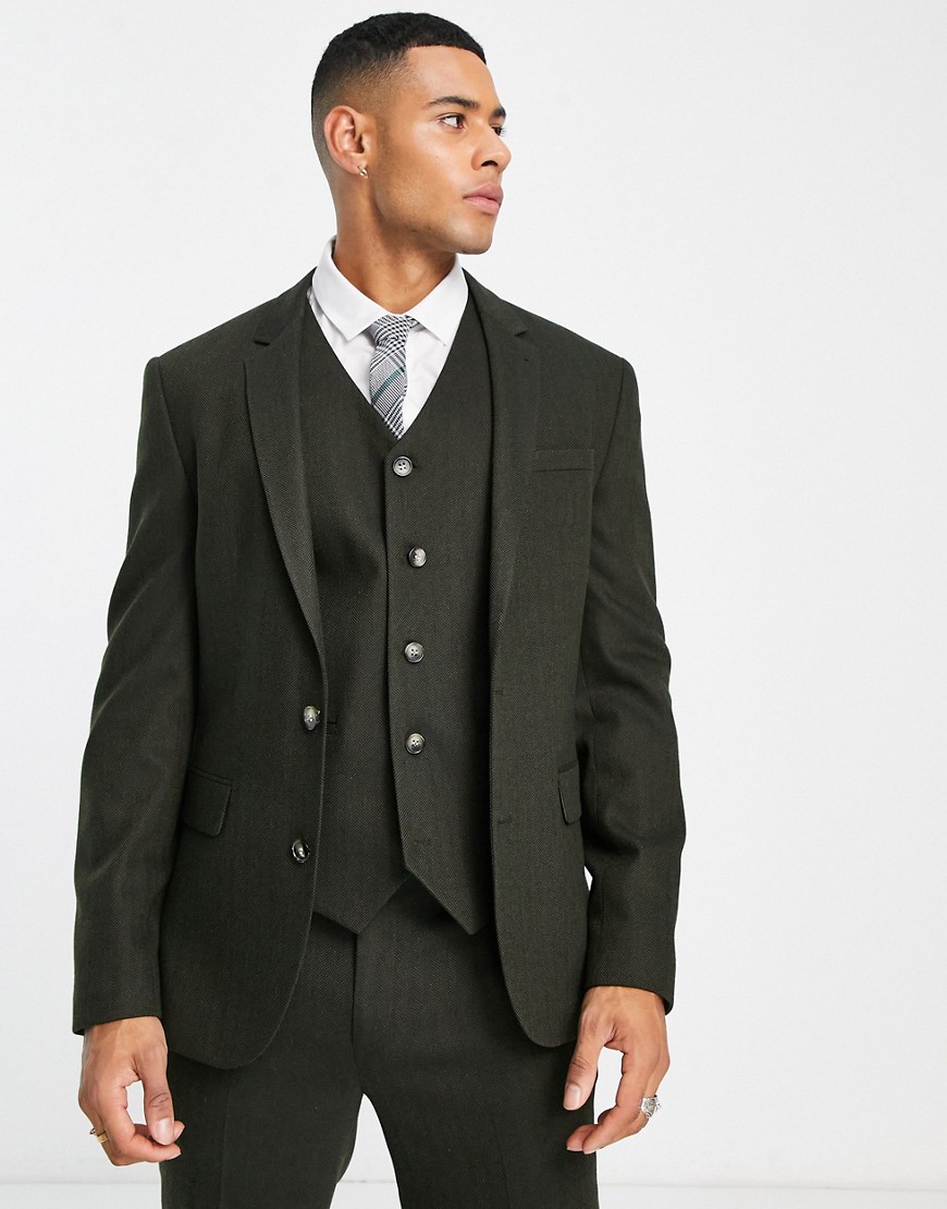 Asos Design Wedding Skinny Wool Mix Suit Jacket In Dark Green Herringbone