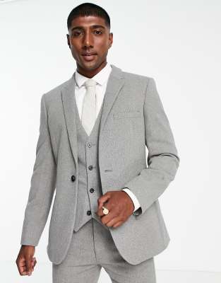 Asos Design Wedding Skinny Wool Mix Suit Jacket In Gray Basketweave Texture In Navy