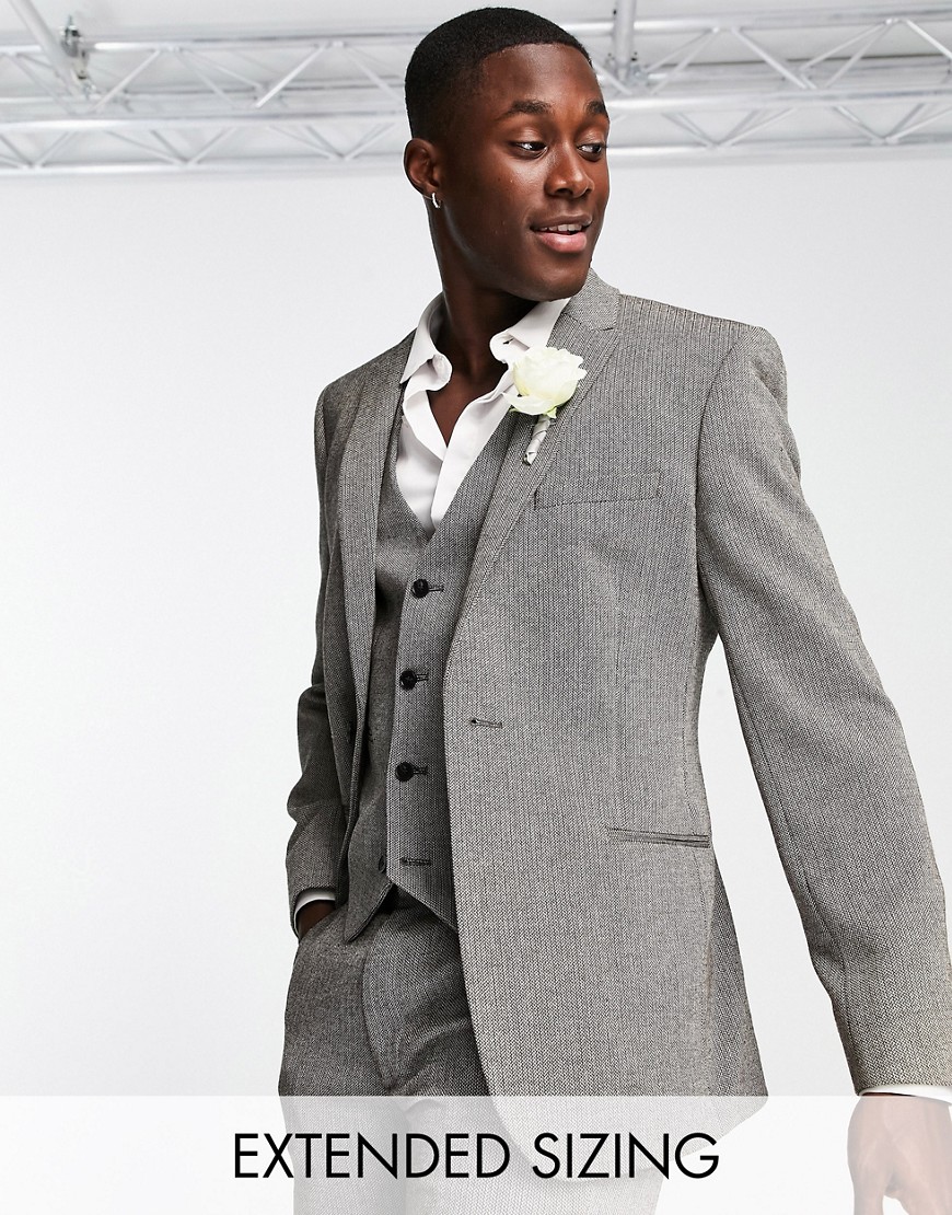 ASOS DESIGN wedding skinny wool mix suit jacket in mono basketweave texture-Black