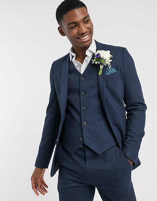 ASOS DESIGN wedding skinny wool mix suit jacket in navy herringbone | ASOS
