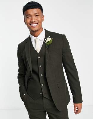 Asos Design Wedding Skinny Wool Mix Suit Jacket In Olive Basketweave Texture-green