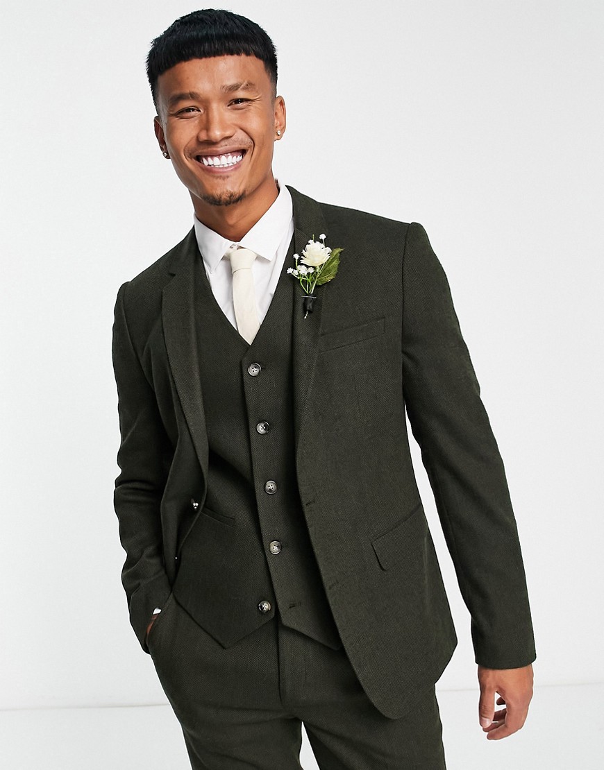 ASOS DESIGN wedding skinny wool mix suit jacket in olive basketweave texture-Green