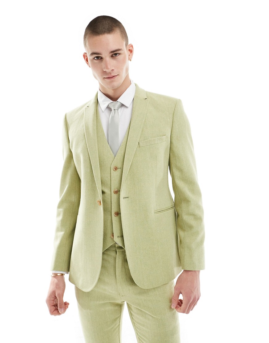 Asos Design Wedding Skinny Wool Mix Suit Jacket In Olive Basketweave Texture-green In Yellow