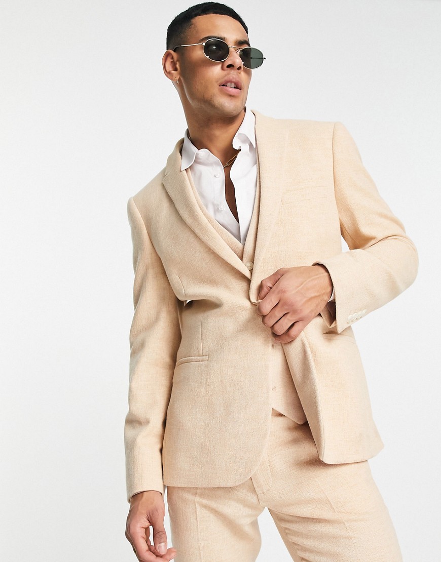 ASOS DESIGN wedding skinny wool mix suit jacket in pink basketweave texture