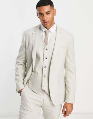 ASOS DESIGN ASOS DESIGN wedding skinny wool mix suit jacket in stone basketweave texture-Neutral