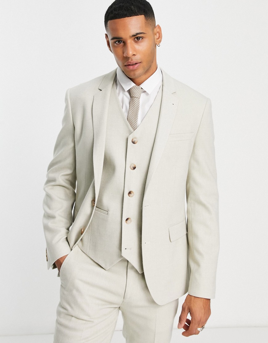 ASOS DESIGN wedding skinny wool mix suit jacket in stone basketweave texture-Neutral