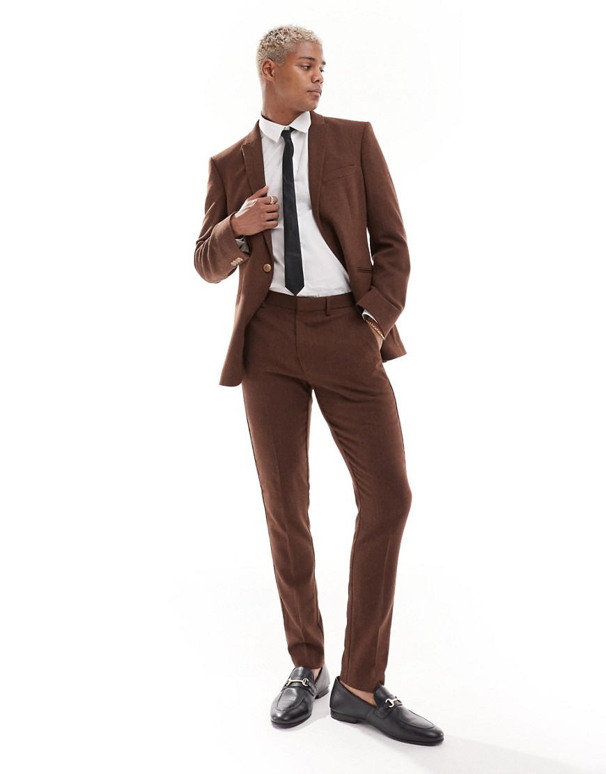 Asos Design Wedding Skinny Wool Mix Suit Pants In Brown Basketweave Texture