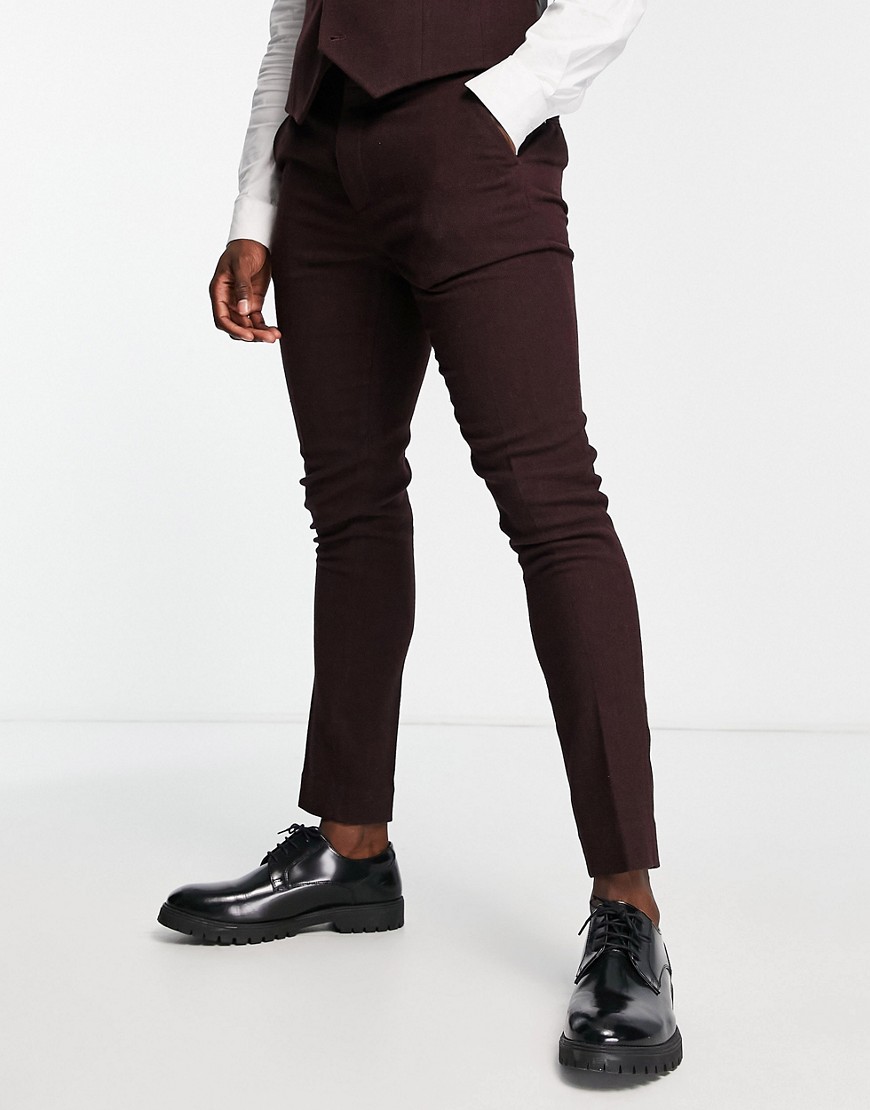 Shop Asos Design Wedding Skinny Wool Mix Suit Pants In Burgundy Herringbone-red