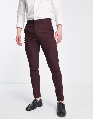 Asos Design Wedding Super Skinny Wool Mix Suit Pants In Burgundy Twill-red In Red