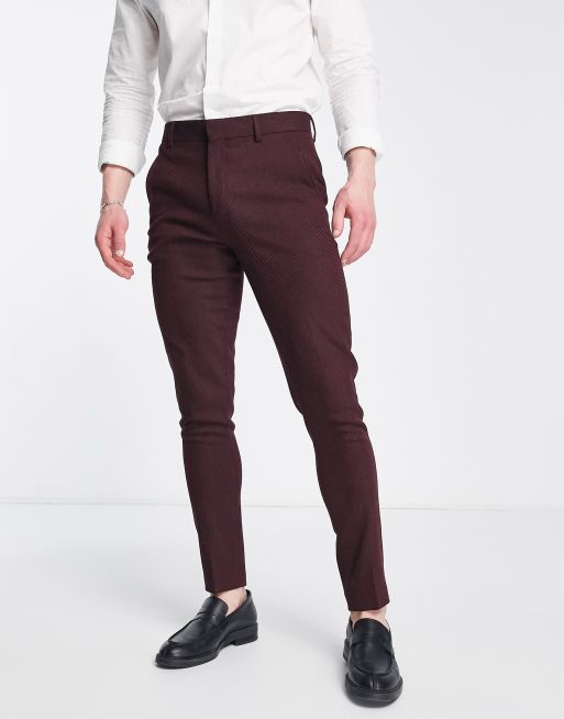 ASOS DESIGN wedding skinny wool mix suit pants in burgundy herringbone