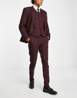 Asos Design Wedding Super Skinny Wool Mix Suit Pants In Burgundy Twill-red