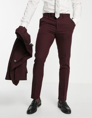 ASOS DESIGN wedding skinny wool mix suit pants in burgundy herringbone-Red