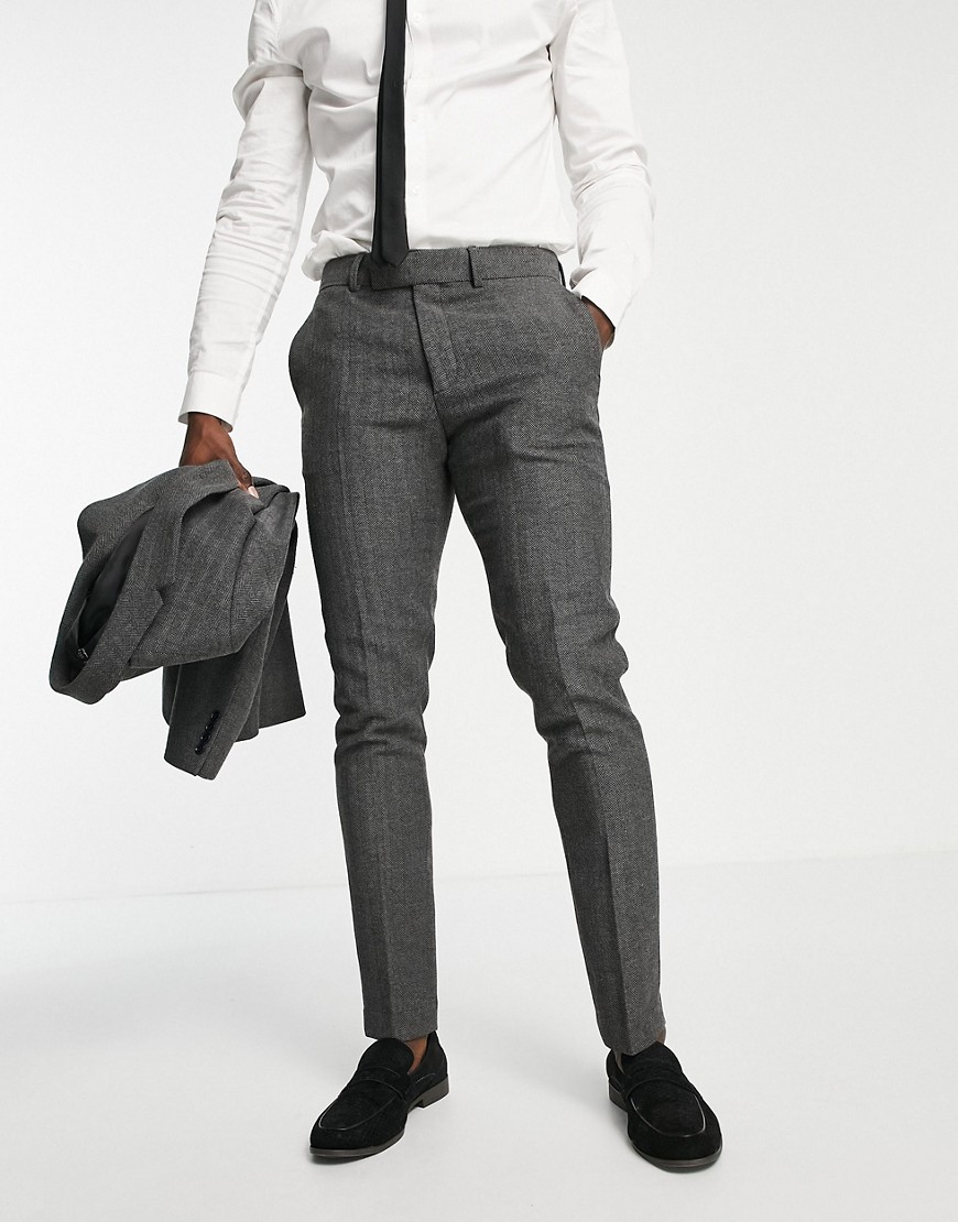 Asos Design Wedding Skinny Wool Mix Suit Pants In Charcoal Herringbone-grey