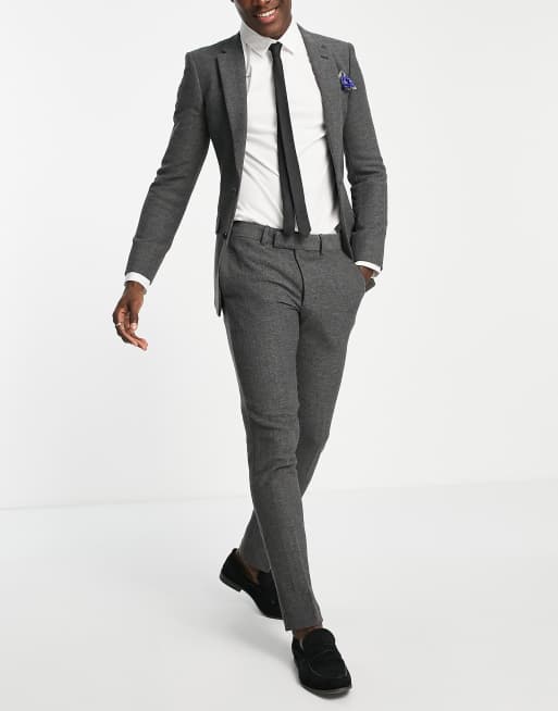 ASOS DESIGN wedding skinny wool mix suit pants in charcoal herringbone, 4 of 4