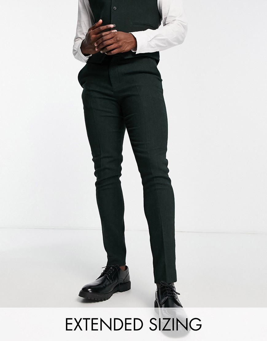 Asos Design Wedding Skinny Wool Mix Suit Pants In Forest Green Herringbone