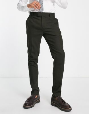 Asos Design Wedding Skinny Wool Mix Pants In Dark Green Basketweave Texture In Green