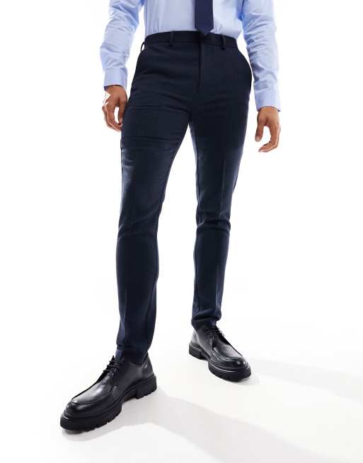 ASOS DESIGN wedding skinny wool mix suit pants in navy basketweave texture 