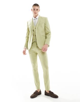 Wedding skinny wool mix suit pants in olive basketweave texture-Green