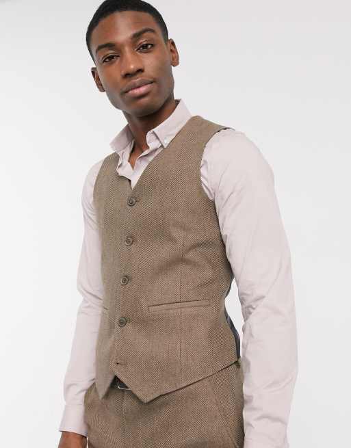 ASOS DESIGN wedding skinny wool mix suit suit vest in camel herringbone