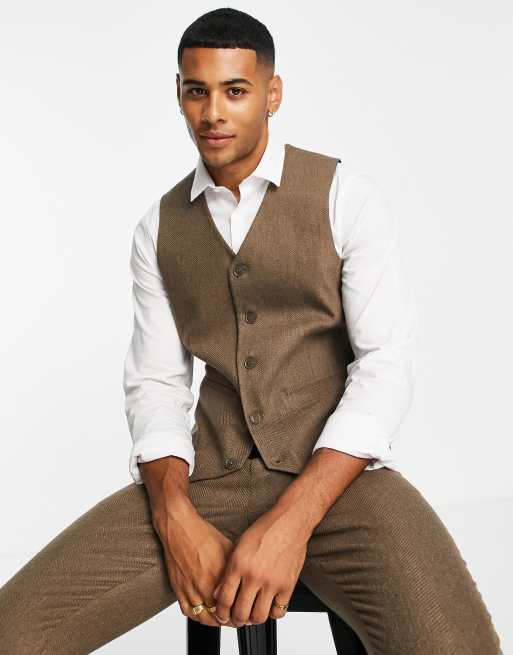 ASOS DESIGN wedding skinny wool mix suit suit vest in camel herringbone