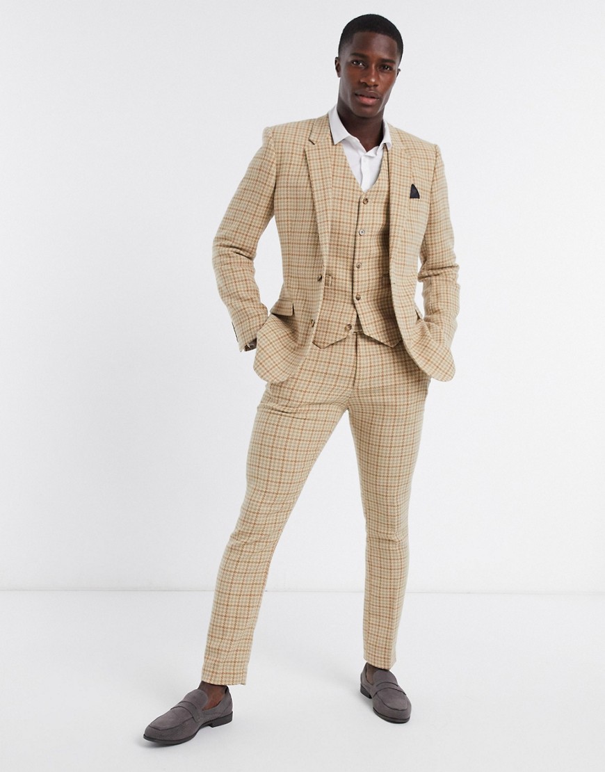 ASOS DESIGN wedding skinny wool mix suit suit vest in camel houndstooth check-Neutral