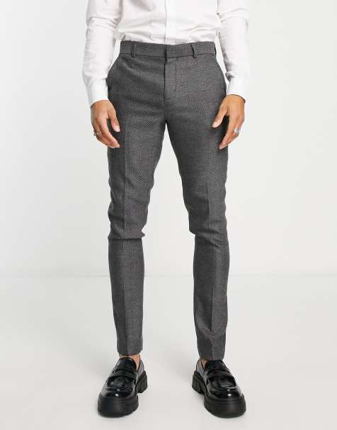 ASOS DESIGN wedding skinny wool mix suit trousers in charcoal herringbone - view 1