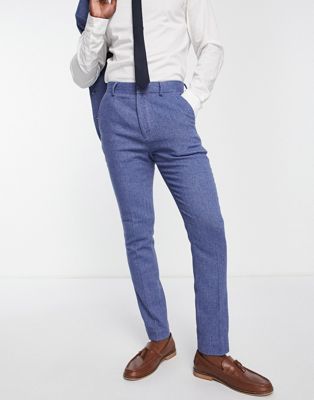 ASOS DESIGN wedding skinny wool mix suit trousers in light blue herringbone - ASOS Price Checker