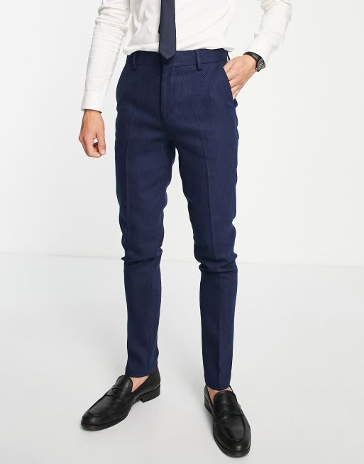 Asos Design Wedding Skinny Wool Mix Suit Trousers In Navy Herringbone 