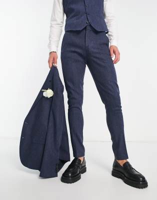 ASOS DESIGN wedding skinny wool mix suit pants in navy herringbone - ASOS Price Checker